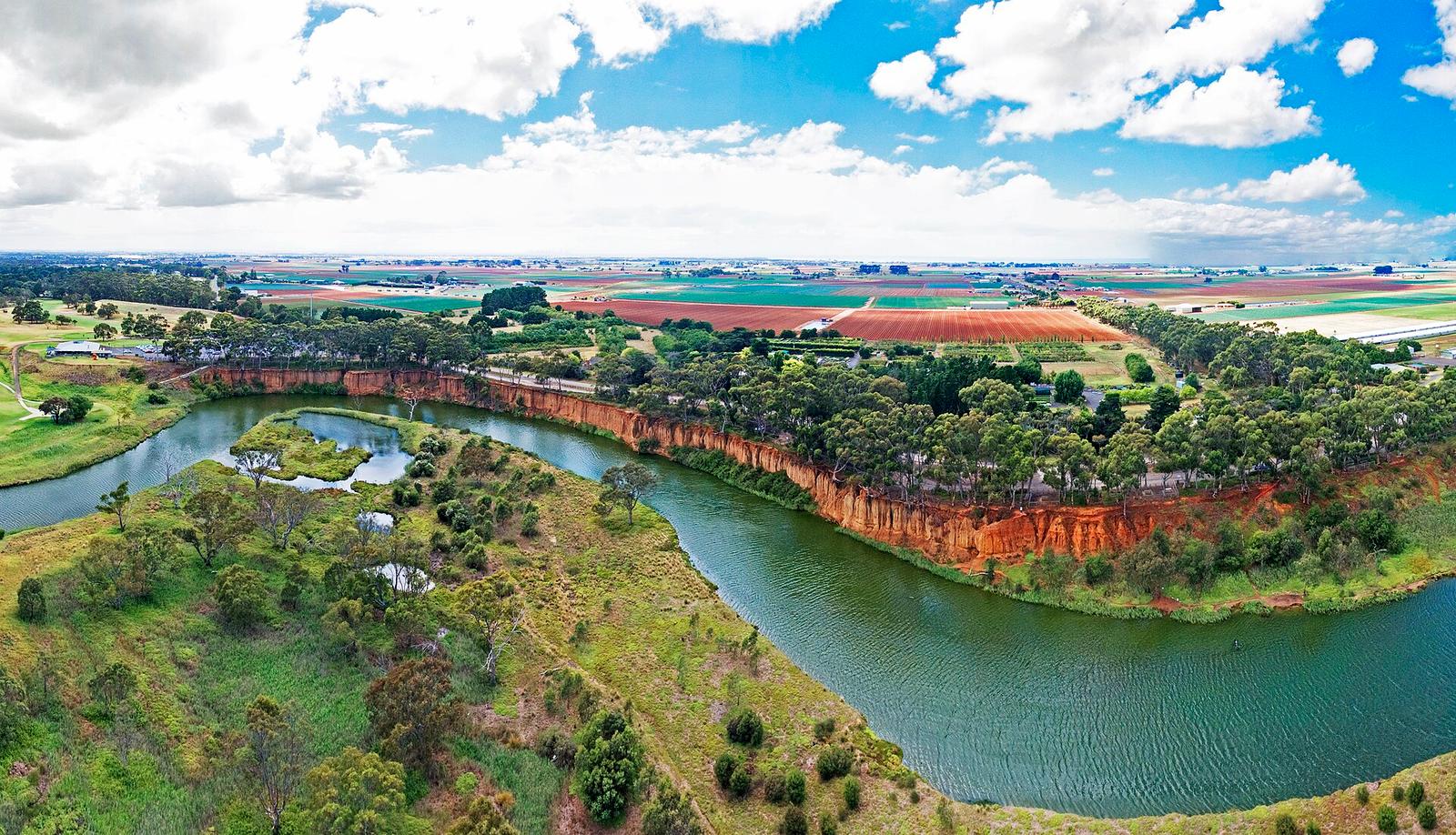 Aerial perspective of the K Road cliffs along the Werribee River