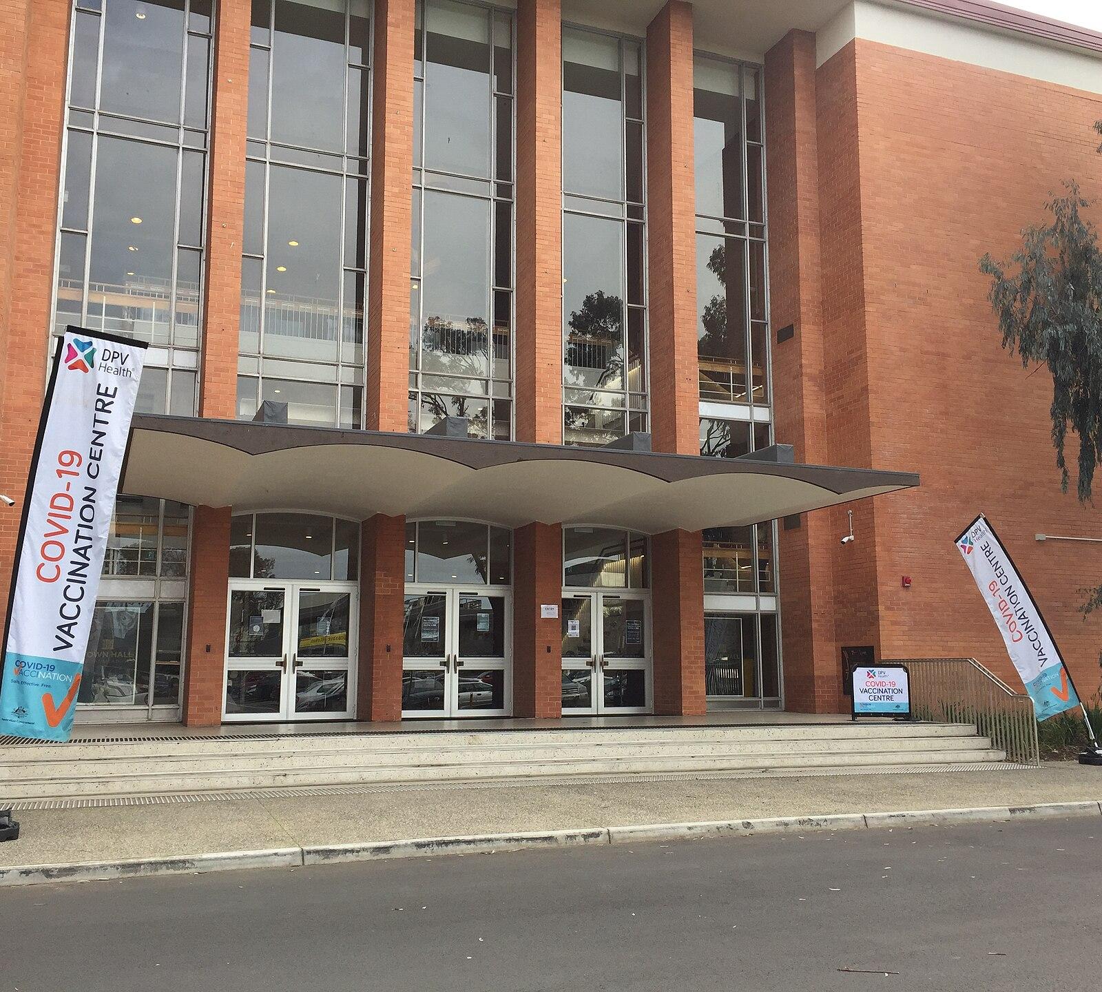 Entrance of Broadmeadows Town Hall vaccination centre from left side August 2021