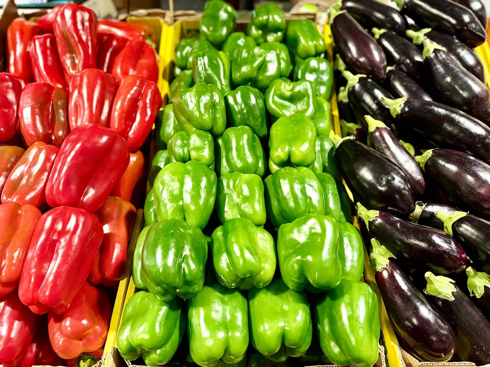 Colorful Bell Peppers and Eggplants at Melbourne Market