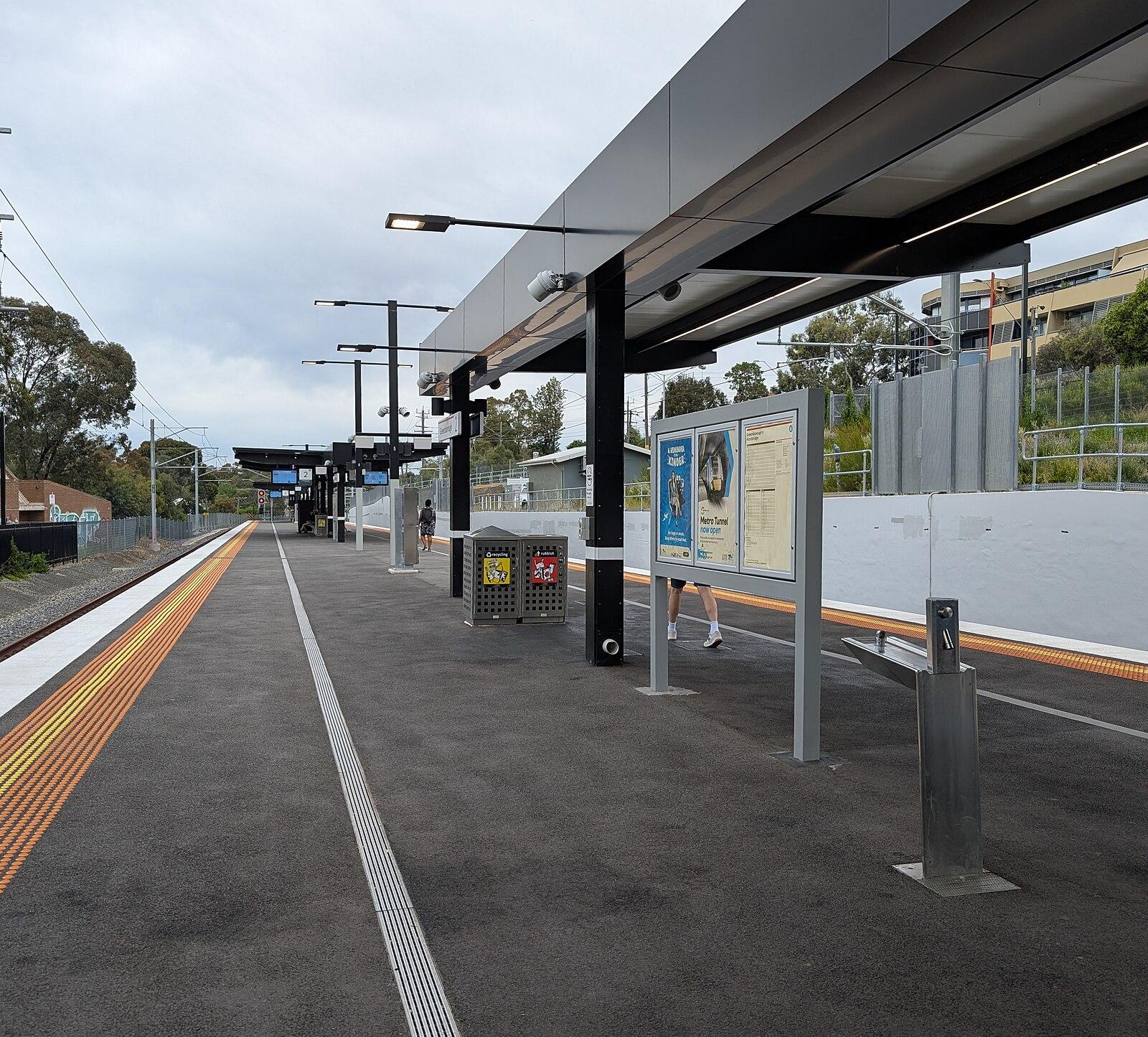 Looking east along platforms at Greensborough Railway Station in Greensborough, Melbourne